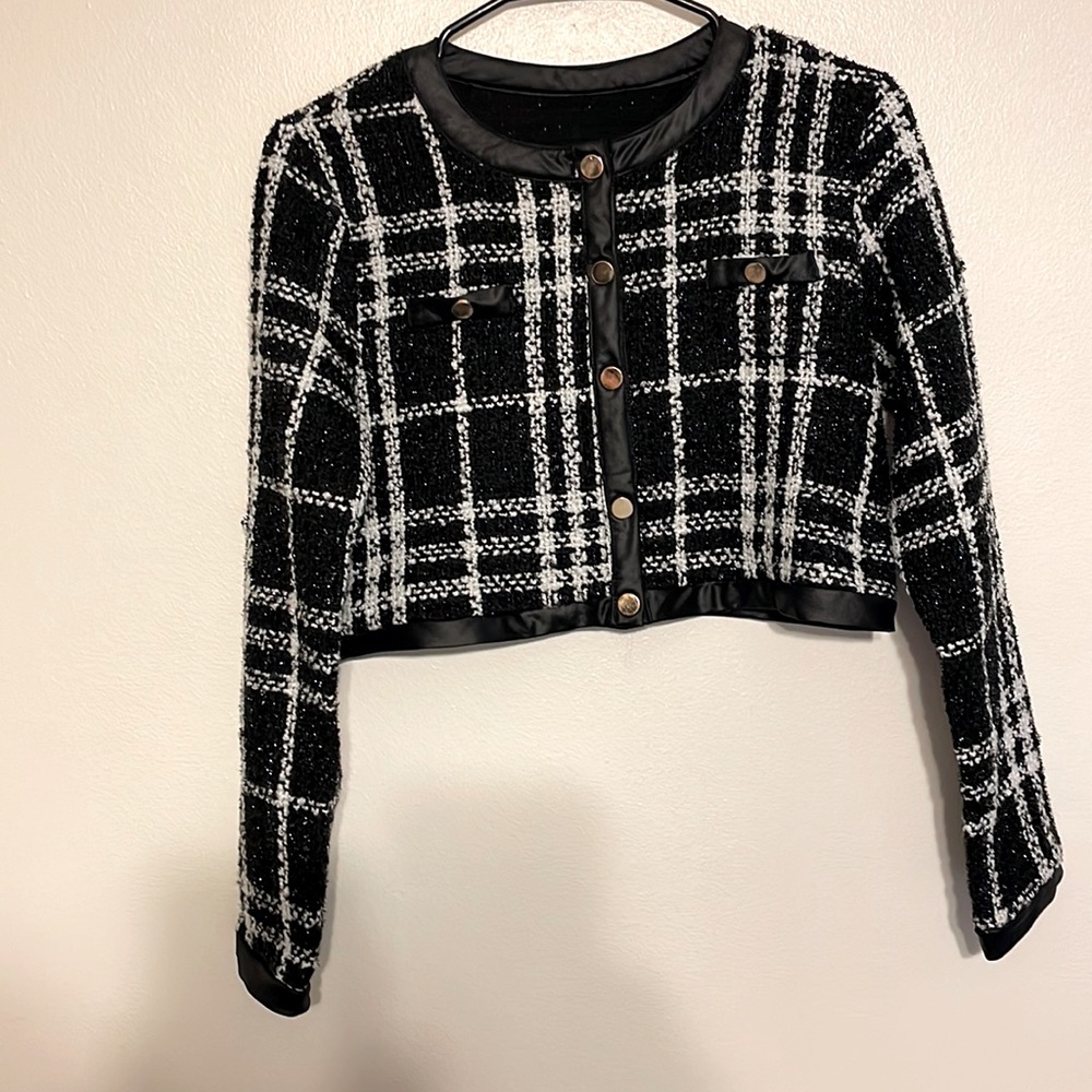 Women crop blazer black/white size M